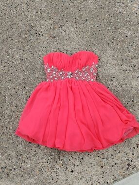 Deb Strapless Coral Pink Chiffon Dress with Jeweled Waist